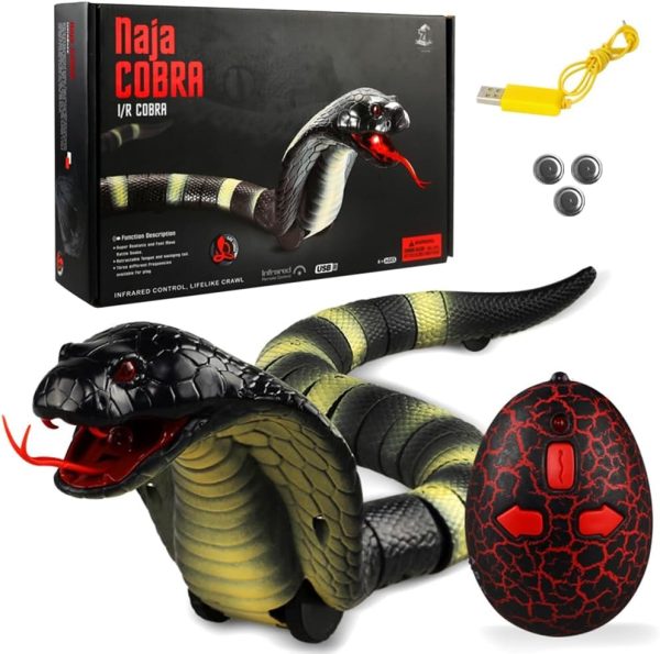 Realistic Remote Control Snake Toy – RC Cobra Toy for Kids 17-inch Rechargeable Crawling Snake with Fast Moving Egg-Shaped Infrared Controller, Retractable Tongue & Swinging Tail (Grey/Black)