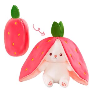 Reversible Strawberry Rabbit Bunny Carrot Plush Toys with Zipper, Cute and Versatile Plushies Stuffed Animal Soft Toy Birthday Gift for Girls & Kids (Pink)