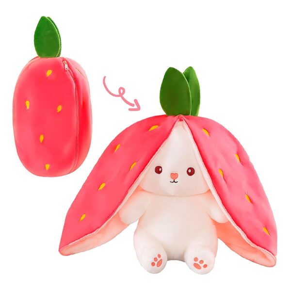 Reversible Strawberry Rabbit Bunny Carrot Plush Toys with Zipper, Cute and Versatile Plushies Stuffed Animal Soft Toy Birthday Gift for Girls & Kids (Pink)