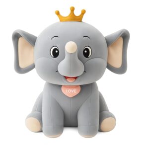 Grey Crown Elephant Soft Toy for Kids – Cute Plush Stuffed Animal with Crown & Love Badge | Adorable Cuddly Elephant Plushie Gift for Girls & Boys, 45 cm
