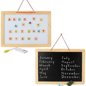 2-in-1 Wooden Educational Board Set, Magnetic Whiteboard and Chalkboard with Letters and Numbers, Wall-Mountable Wooden Slate Toy for Kids