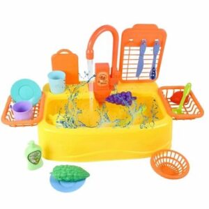 Kids Play Kitchen Sink Toy Set, Battery Operated Working Tap with Water Circulation, 19 Pieces Pretend Play Accessories,