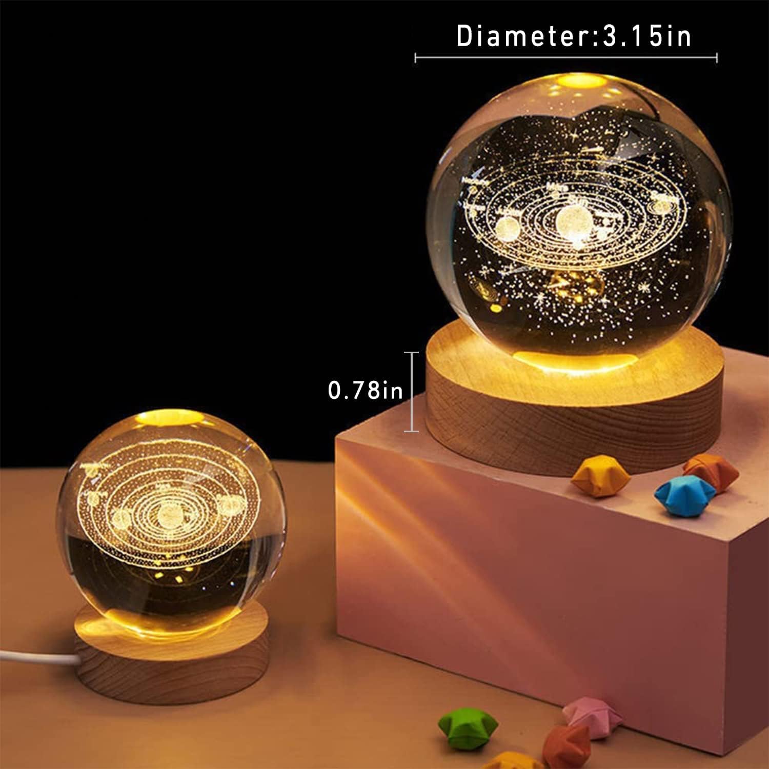 Universe Crystal Ball Night Light,2.4 Inch Glass Ball Night LED Lamp with Woodern Base,Decorations